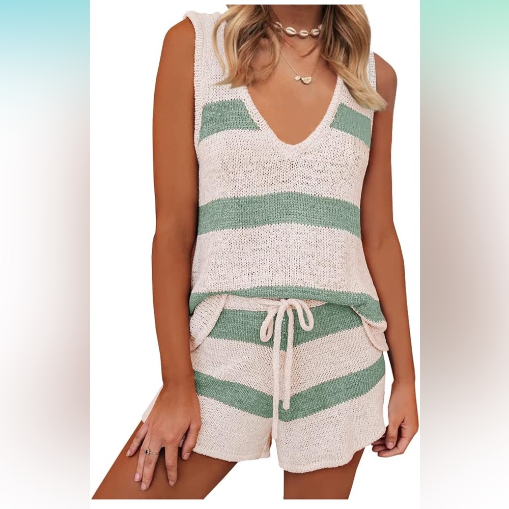 Womens Summer 2 Piece Outfit Stripe Casual Strappy Tie Waisted Beach Shorts